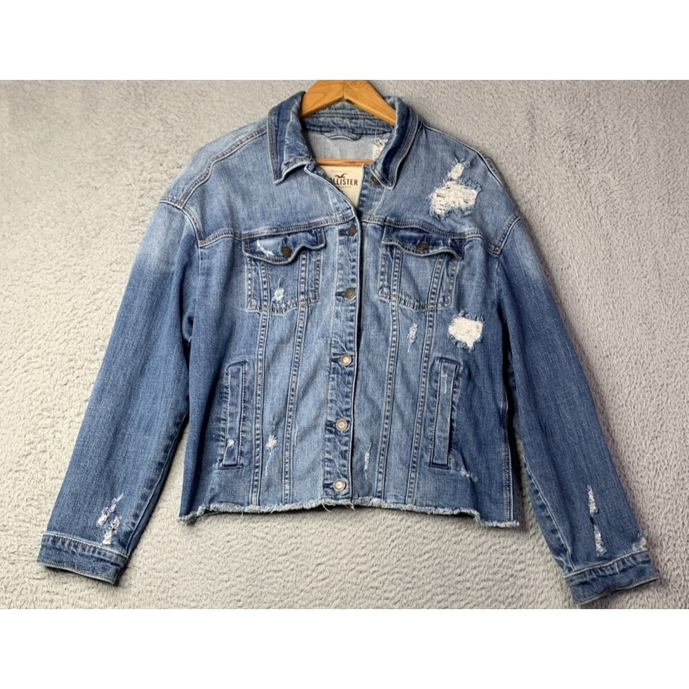 Hollister Denim Jacket  Womens Size Medium Distressed Raw Hem Jean Jacket